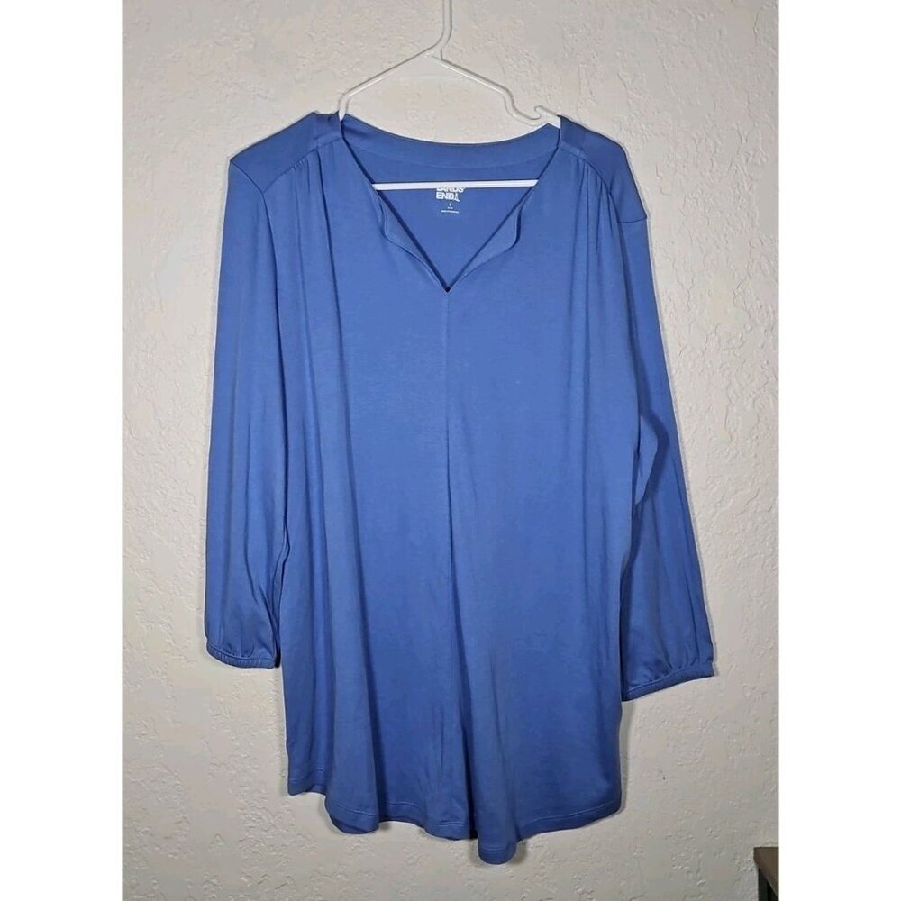 Lands End Top Womens L Blue 3/4 Sleeve Tunic Pockets Linen Blend Lagenlook
